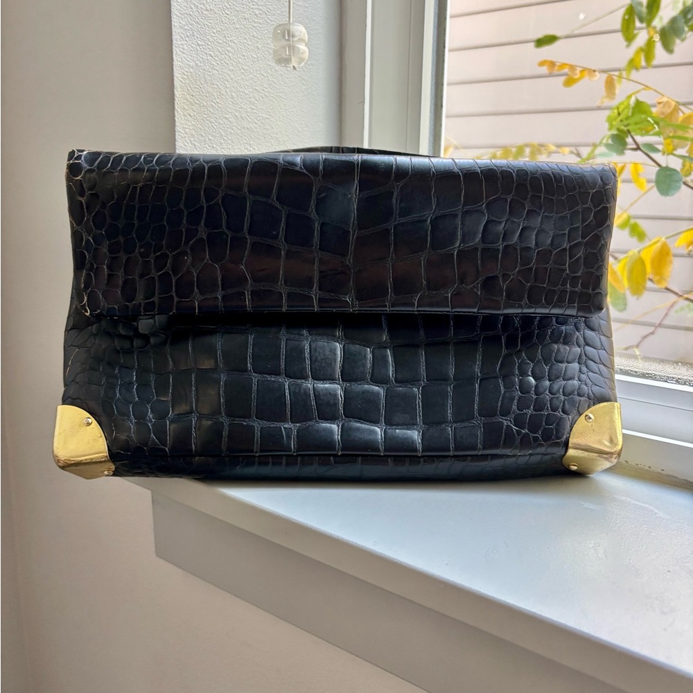 Black Crocodile-Embossed Genuine Leather Clutch with Gold Accents